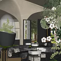 Elegant Casual Lounge With Arched Ceiling Green Plants Fresh Flowers And Glass Windows