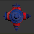 Red And Blue Fire Hydrant With Metal Chains On Gray Background