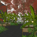 Outdoor Plant Combination With Red Leaf Trees Large Green Foliage Seating Area And Stone Pathway