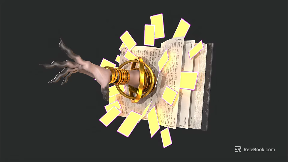 Fantasy Game Movie Character With Mechanical Claw Holding Golden Ring And Glowing Fragments Around Open Book 3d model 