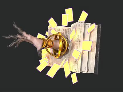 Fantasy Game Movie Character With Mechanical Claw Holding Golden Ring And Glowing Fragments Around Open Book 3d model