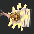 Fantasy Game Movie Character With Mechanical Claw Holding Golden Ring And Glowing Fragments Around Open Book