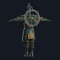 Ornate Ancient Armor Figure With Green Gold Decorative Details Helmet And Chest Plate