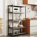 Iron Storage Rack In Modern Kitchen With Microwave Pots Fruits