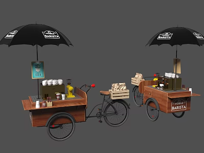 Indoor Martina Coffee Tricycle Carts With Black Umbrellas Coffee Cups And Pastries 3d model