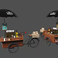 Indoor Martina Coffee Tricycle Carts With Black Umbrellas Coffee Cups And Pastries