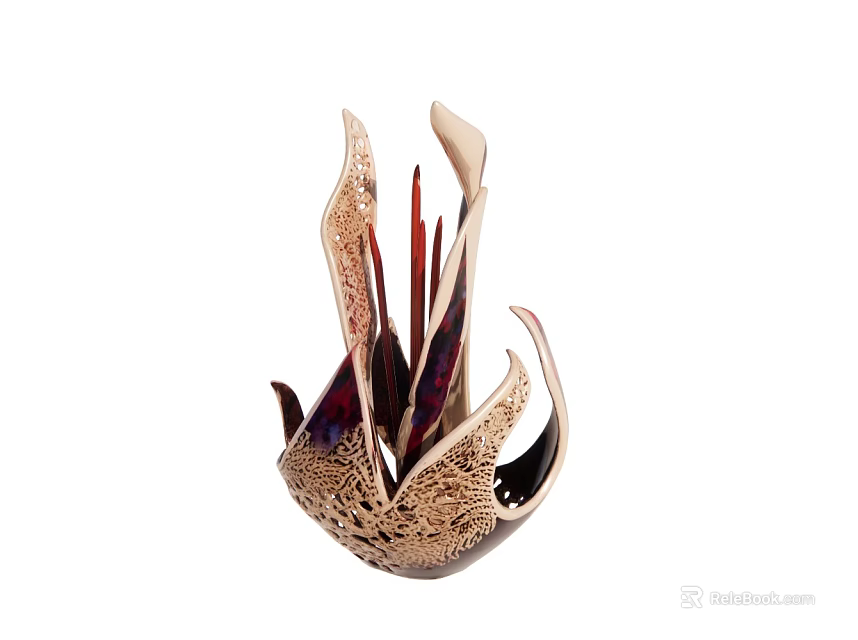 Decorative Abstract Art Sculpture With Intricate Openwork Design And Golden Red Finish 3d model 