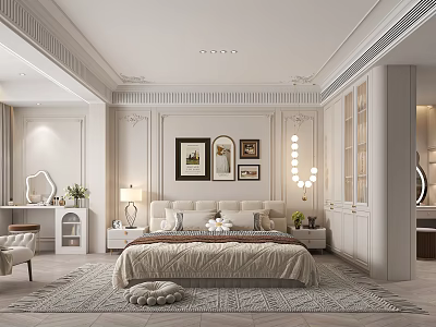 Elegant Modern White Bedroom Interior With Decorative Artworks Bedside Lamps Rug And Wardrobe 3d model