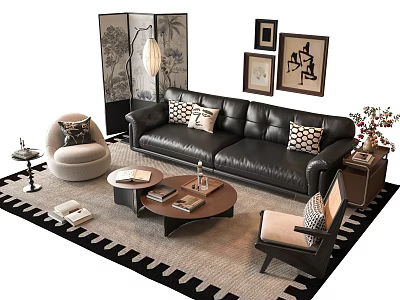 Modern Black Leather Sofa Combination With Armchair Coffee Table Rug Wall Art And Floor Lamp 3d model