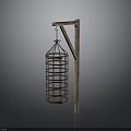 Vintage Style Hanging Iron Cage With Rustic Wooden Support Pole Structure