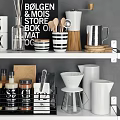 Organized Modern Kitchenware Display On Shelves With Hanging Mugs Jars And Coffee Machine