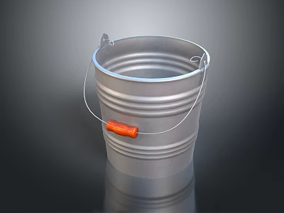 Silver Metal Bucket With Orange Handle And Ribbed Design For Home Use 3d model