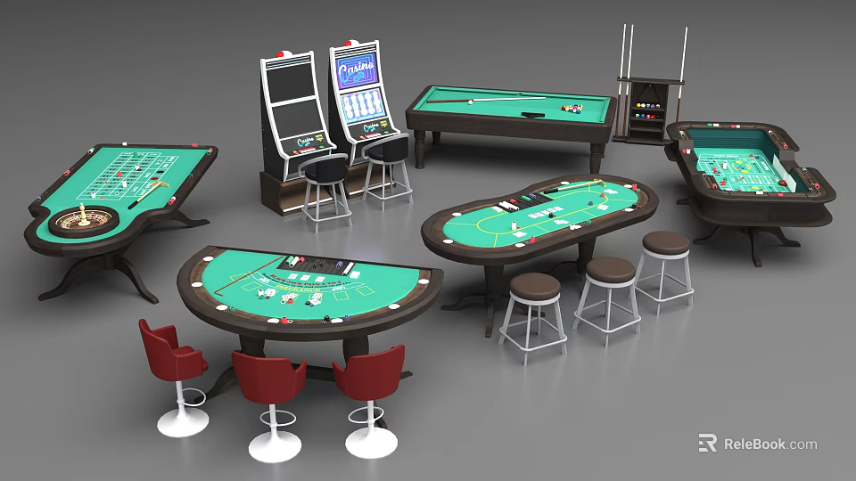 Casino Table and Chair Setup Including Poker Tables Roulette Layouts Stools and Slot Machine Seating 3d model 