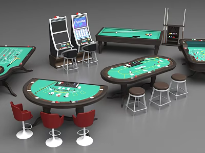 Casino Table and Chair Setup Including Poker Tables Roulette Layouts Stools and Slot Machine Seating 3d model