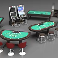 Casino Table and Chair Setup Including Poker Tables Roulette Layouts Stools and Slot Machine Seating