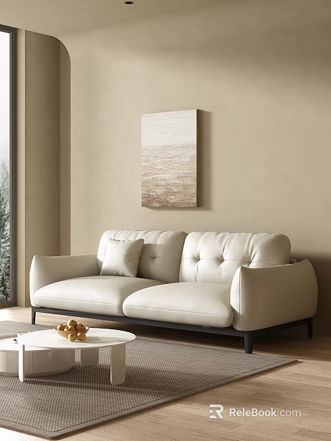 Warm Minimalist Living Room Interior With Comfortable White Leather Sofa And Elegant Abstract Wall Decor 3d model 