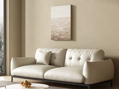 Warm Minimalist Living Room Interior With Comfortable White Leather Sofa And Elegant Abstract Wall Decor 3d model