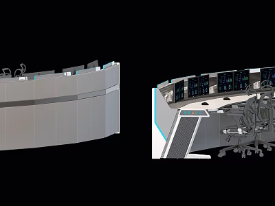 Modern Curved Office Workstation Desk Featuring Multiple Monitors Ergonomic Chair And Control Panel 3d model