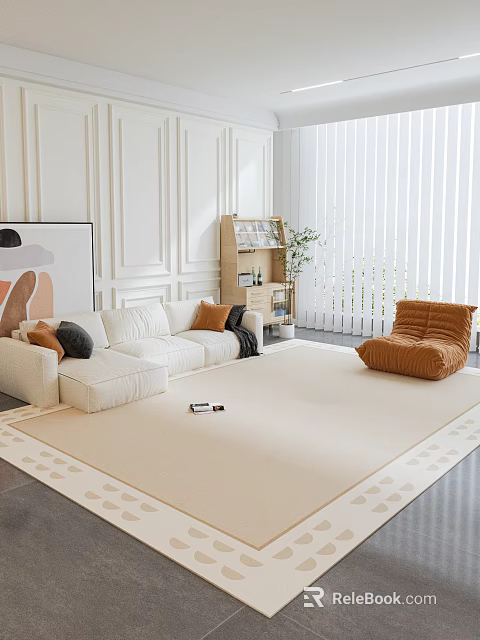 Modern Living Room Interior With White Sofa Cushions Brown Armchair Large Rug Bookshelf And Potted Plant 3d model 