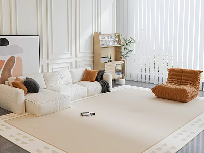 Modern Living Room Interior With White Sofa Cushions Brown Armchair Large Rug Bookshelf And Potted Plant 3d model