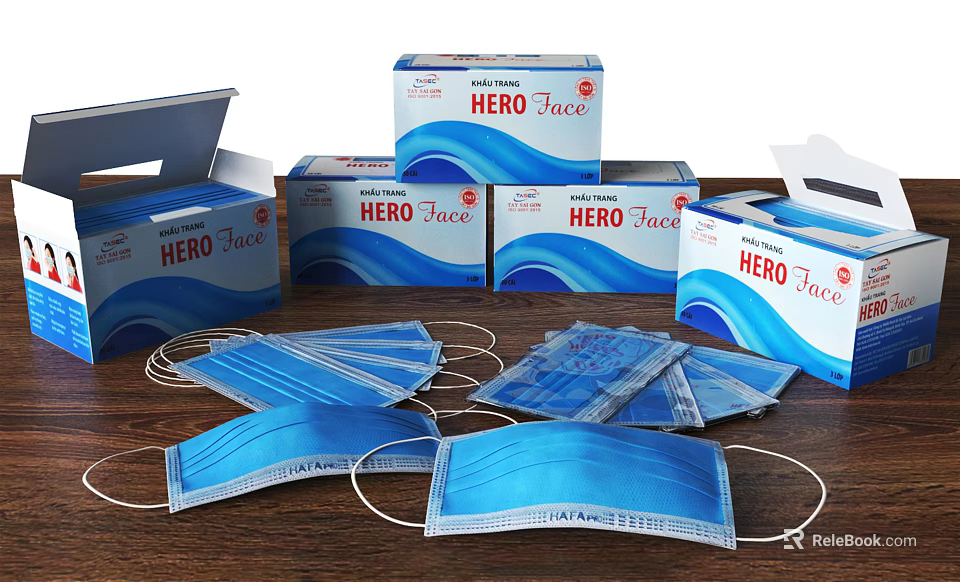 HERO Face Masks Display With Blue Disposable Masks And Packaging Boxes 3d model 