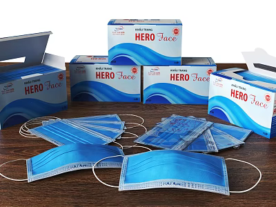HERO Face Masks Display With Blue Disposable Masks And Packaging Boxes 3d model