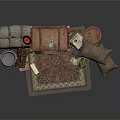 Vintage Interior Setup With Old Wooden Trunk Decorative Rug Pillows And Metal Container
