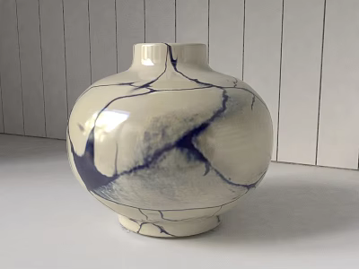 Cream Ceramic Vase With Navy Blue Crackle Pattern Against Wooden Plank Wall 3d model