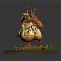 Cartoon Bird Game Character With Backpack Holding Baton on Green Grass with Small Flowers