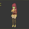 Game Movie Character with Pink Long Hair Blue Eyes Red Striped Sweater and White Skirt