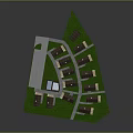 Residential Community Design Featuring Small Houses Brown Roofs Green Lawn Blue Pool And Pathways