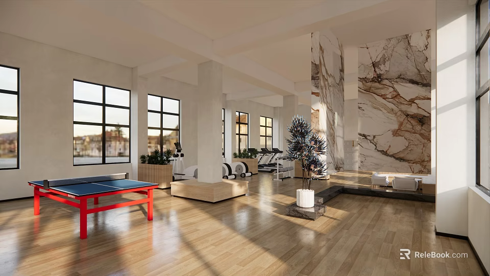 Spacious Fitness Studio With Red Ping Pong Table Exercise Equipment Large Windows And Wooden Floor 3d model 