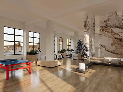 Spacious Fitness Studio With Red Ping Pong Table Exercise Equipment Large Windows And Wooden Floor 3d model