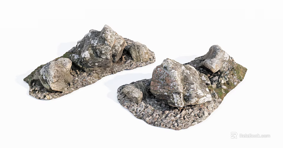 Natural Stone And Wood Decorative Pieces With Textured Surfaces And Moss Details 3d model 