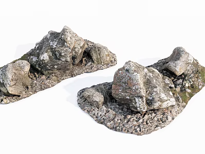 Natural Stone And Wood Decorative Pieces With Textured Surfaces And Moss Details 3d model