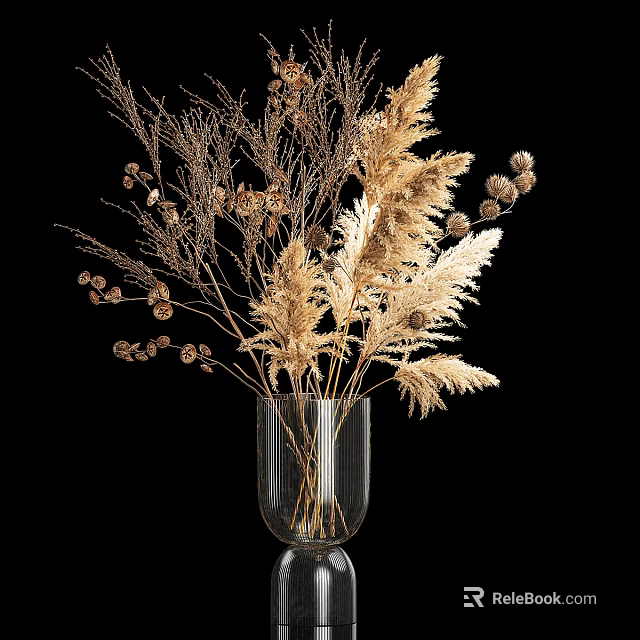 Transparent Glass Vase With Dried Feathery Grass And Small Seed Pods On Black Background 3d model 