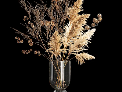 Transparent Glass Vase With Dried Feathery Grass And Small Seed Pods On Black Background 3d model