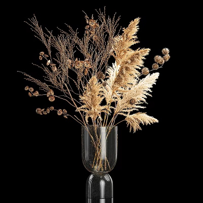Transparent Glass Vase With Dried Feathery Grass And Small Seed Pods On Black Background 3d model