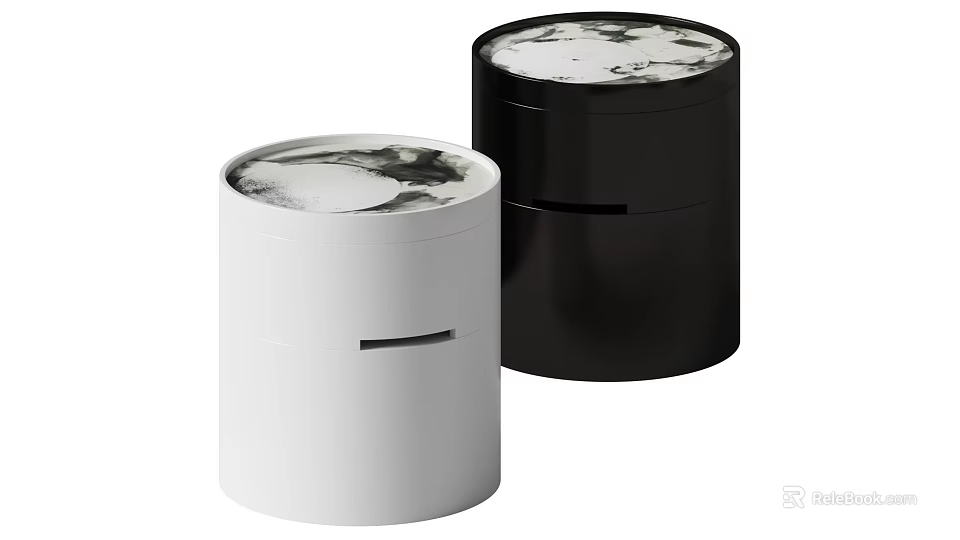Elegant Modern Bedside Tables With White And Black Cylindrical Design Marble Top And Storage Drawer 3d model 