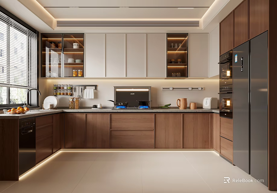 Modern Open Concept Kitchen Interior With Wooden Cabinets Island Counter And Appliances 3d model 