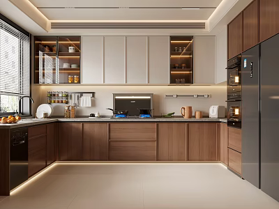 Modern Open Concept Kitchen Interior With Wooden Cabinets Island Counter And Appliances 3d model