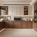 Modern Open Concept Kitchen Interior With Wooden Cabinets Island Counter And Appliances