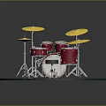 Colorful Musical Drum Set With Red Shells Yellow Cymbals And Metal Stands On Blue Platform