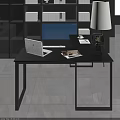 Modern Desk Interior With Laptop Magazine Bookshelf Table Lamp And Potted Plant
