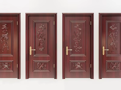 Dark Brown Wooden Swing Doors With Intricate Carved Patterns and Gold Door Handles Design 3d model