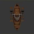 Vintage Wooden Boat Model With Metal Paddle Wheels And Mechanical Structure