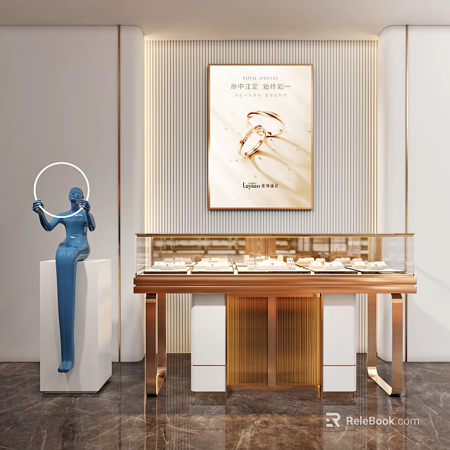 Elegant Jewelry Display Cabinet With Wooden Metal Frame Glass Top Decorative Painting And Side Sculpture 3d model 