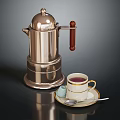 Copper Coffee Pot With Wooden Handle And Cup On Saucer With Spoon And Sugar Bowl
