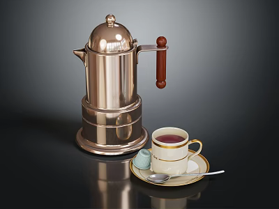Copper Coffee Pot With Wooden Handle And Cup On Saucer With Spoon And Sugar Bowl 3d model
