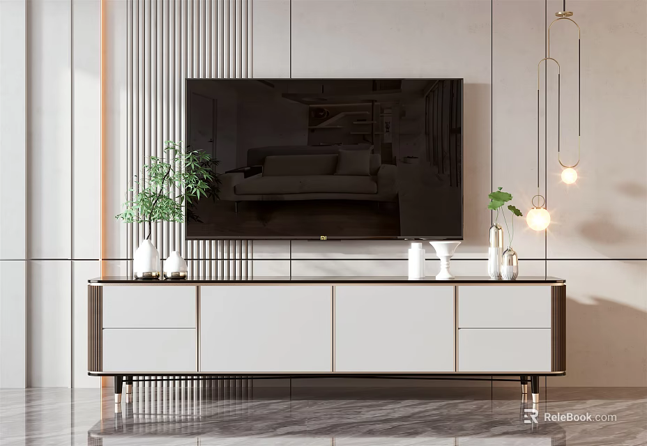 Modern TV Stand with Large Screen TV Potted Plants and Decorative Items 3d model 